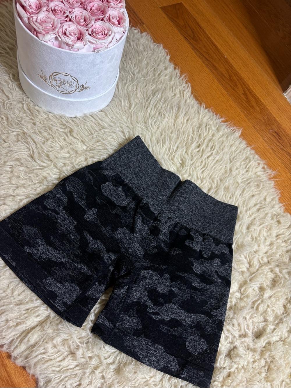 High-Waist Black & Gray Camo Athletic Shorts